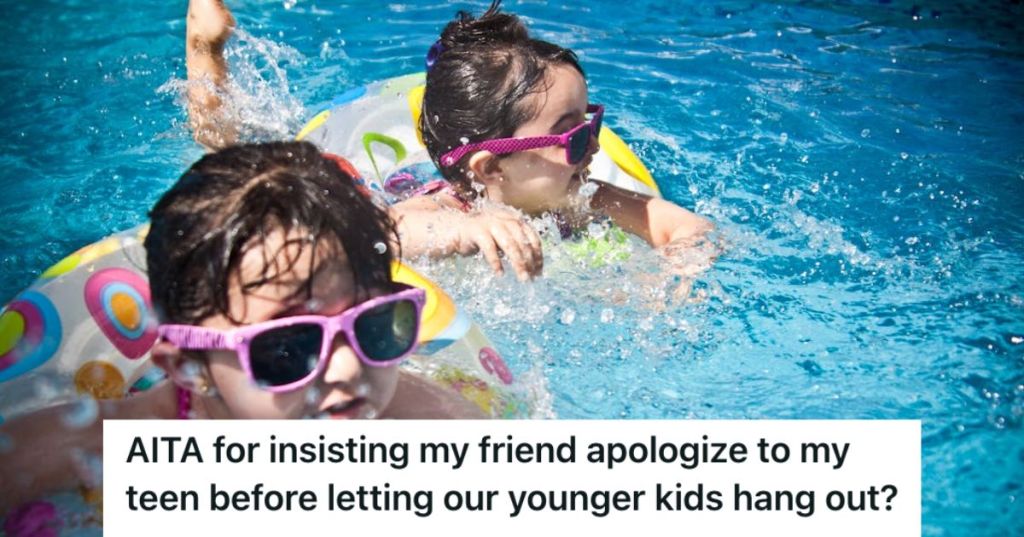 Two girls swimming in the pool with inflatables