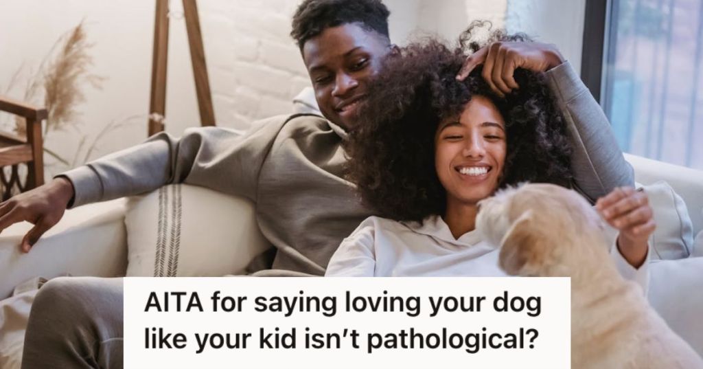 Couple happily hanging out with their dog