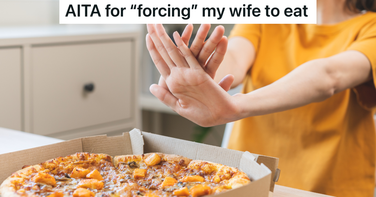 woman refusing to eat a pizza