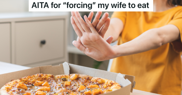 woman refusing to eat a pizza