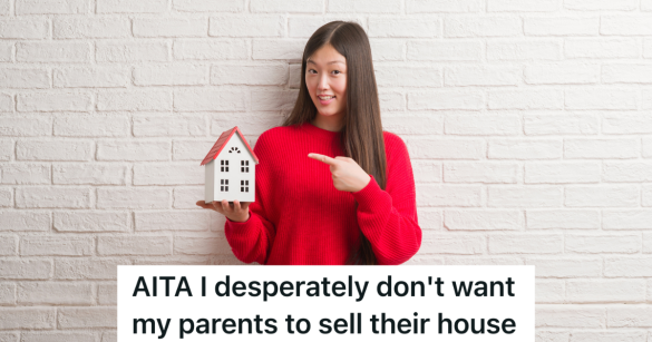 young woman in red shirt holding a model house