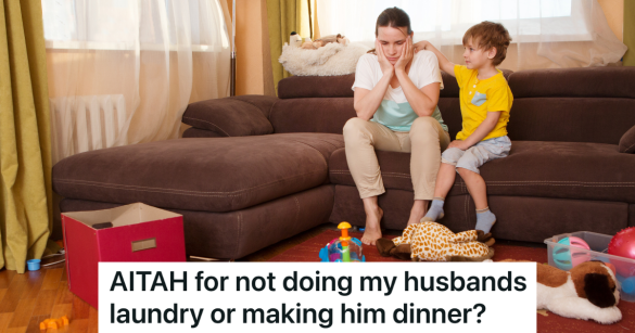 little boy comforting his sad mom in a messy room