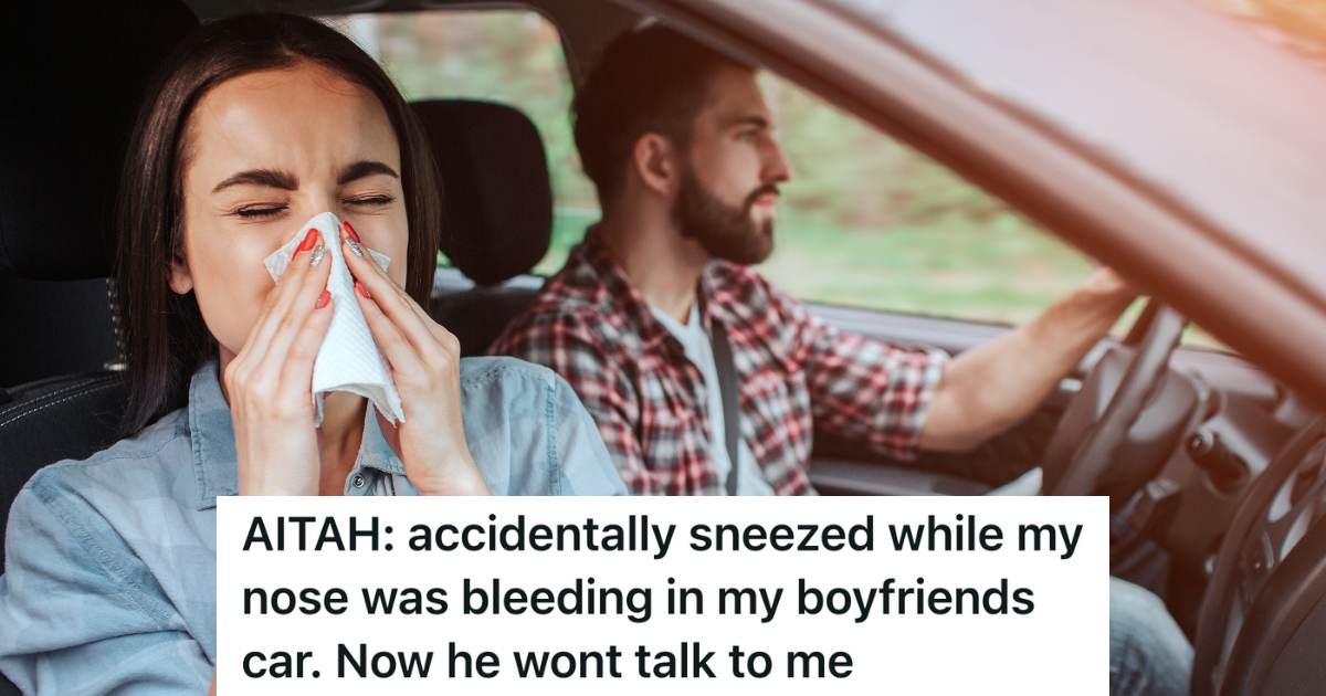 woman blowing her nose in the car while her boyfriend drives
