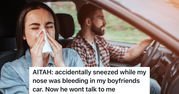 woman blowing her nose in the car while her boyfriend drives