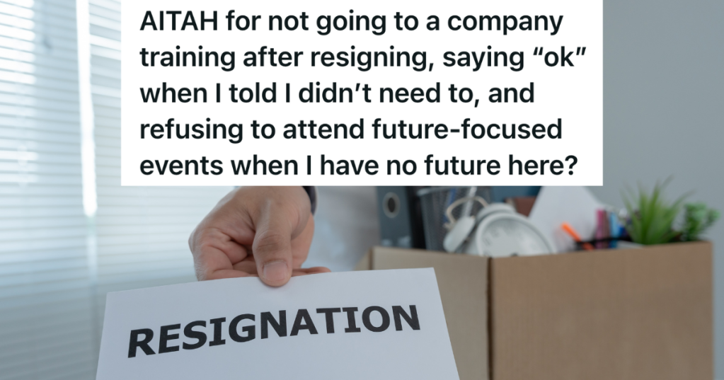 man holding box of belongings and paper that reads "resignation"