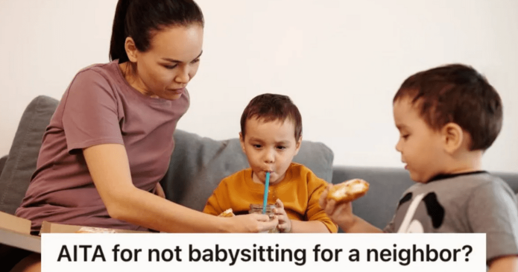 Woman feeding food and drinks to little boys
