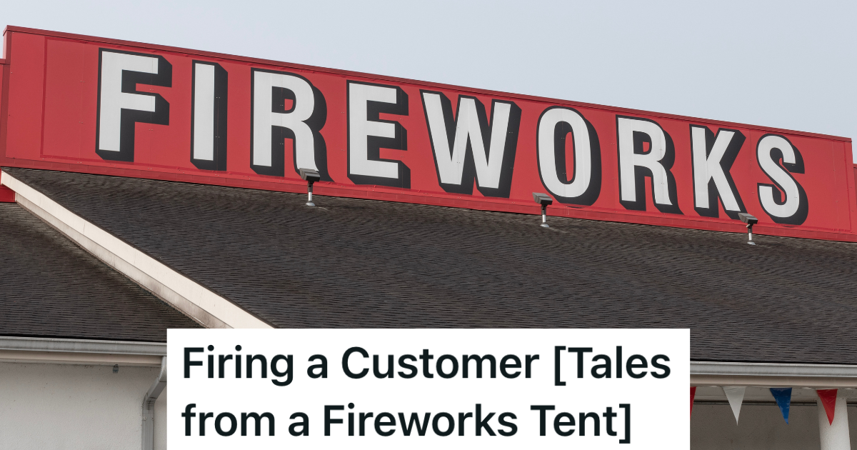 red and white sign that reads "fireworks"