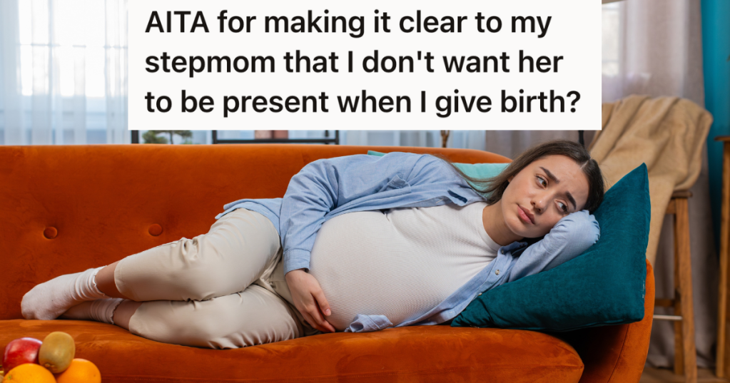 upset pregnant woman lying on an orange couch