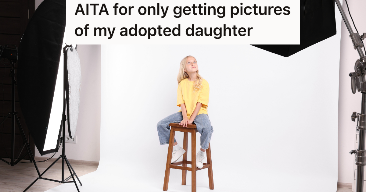 little girl sitting on a stool in a photo studio
