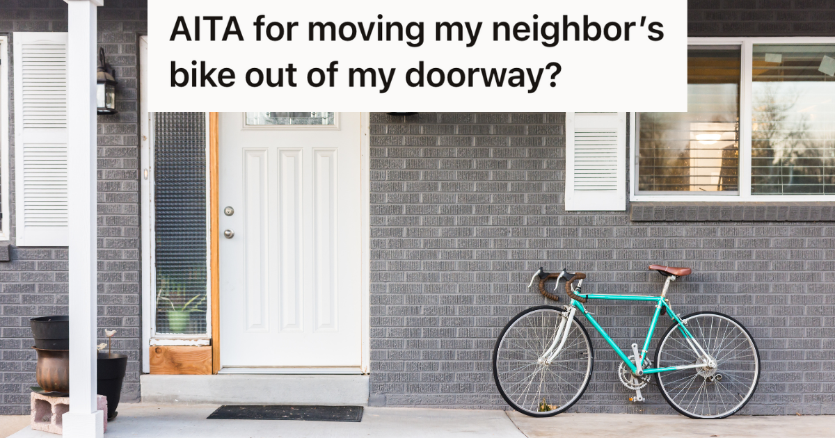 bicycle parked on front porch next to gray wall
