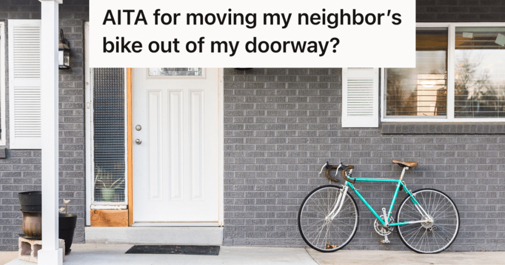bicycle parked on front porch next to gray wall