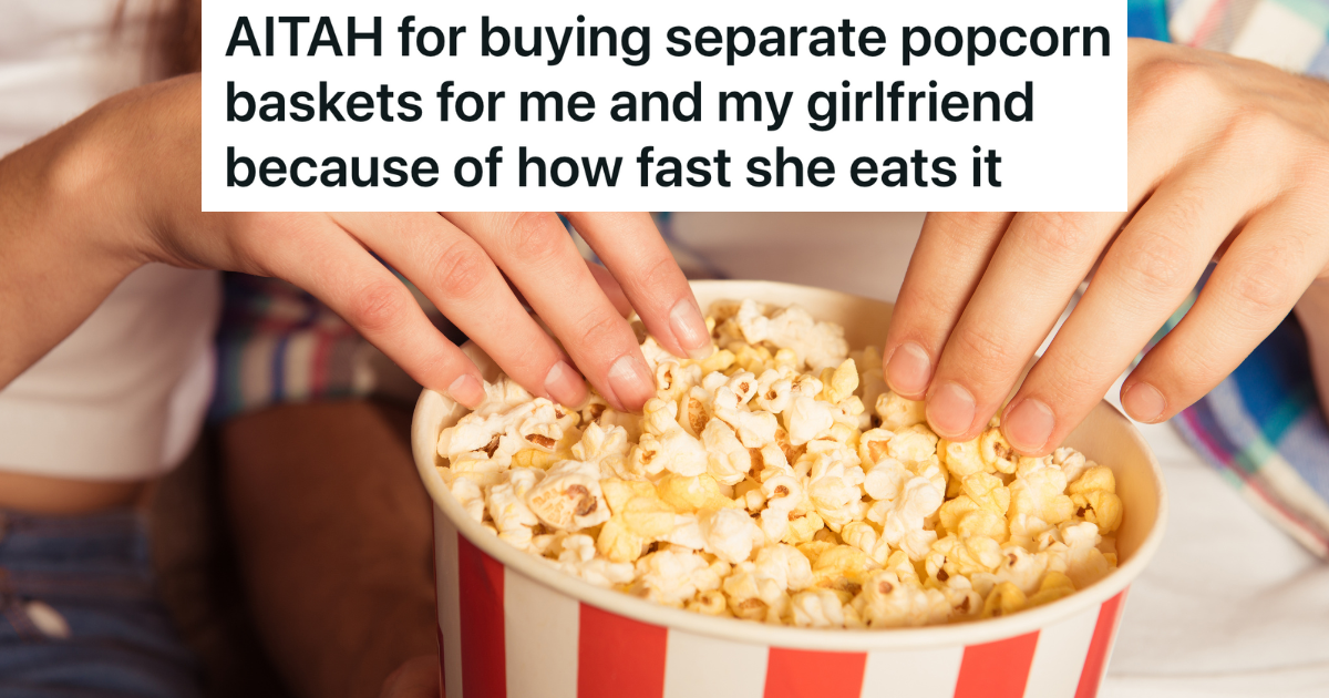 man's hand and woman's hand reaching grabbing popcorn from the same container
