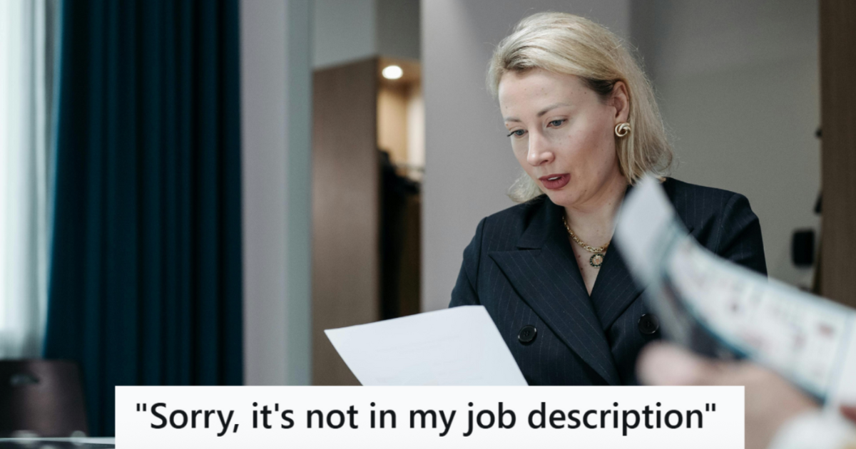 His Horrible Coworker Refused To Help Him At His Previous Office, So When They Coincidentally Ended Up In A New Company Together, He Refused To Help Her As Well Lady in black suit sitting at a desk and reading a paper