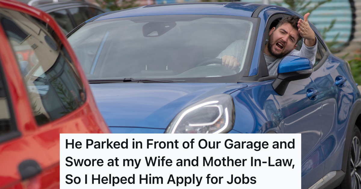 angry man in blue car yells at driver in red car in front of him