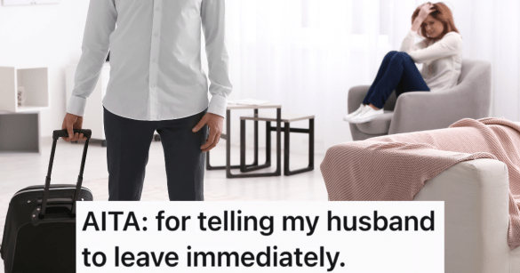 upset wife sitting in chair while husband leaves with suitcase