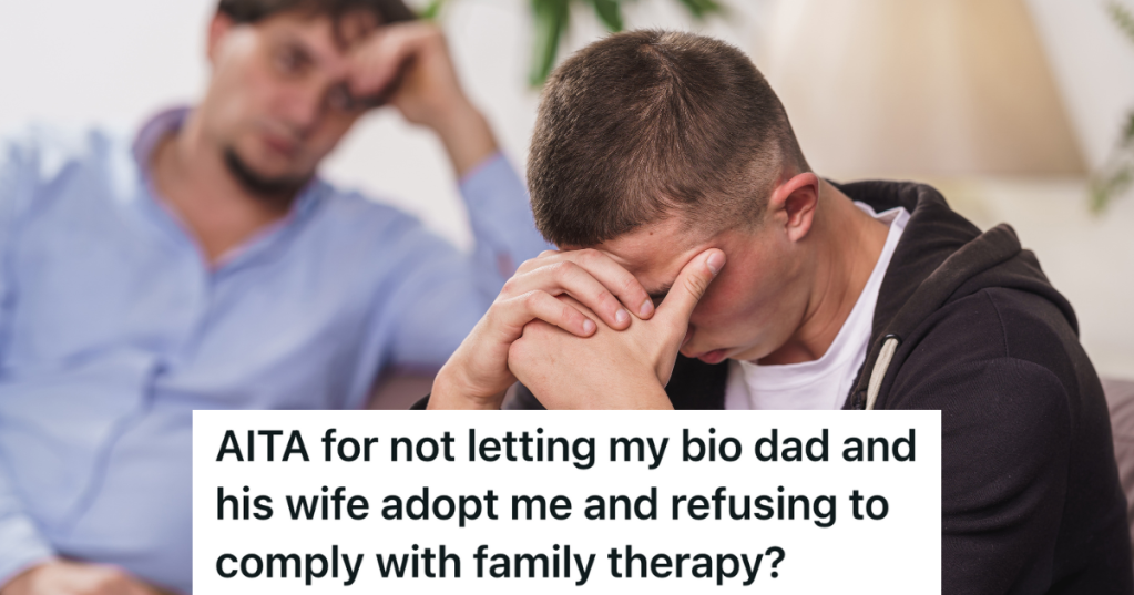 frustrated father and son sitting on couch