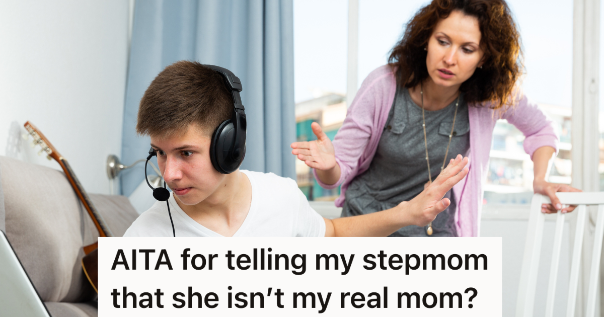 teenage boy wearing headphones trying to ignore his stepmom