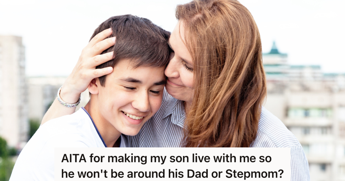 mom and teenage son hugging