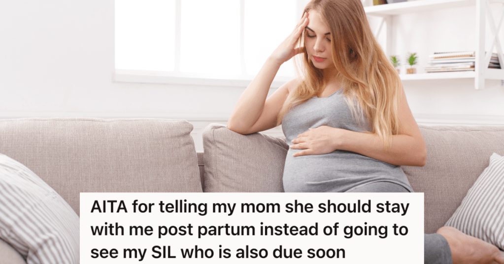 pregnant woman sitting on a couch thinking