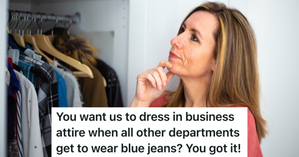 middle aged woman looking in closet and thinking