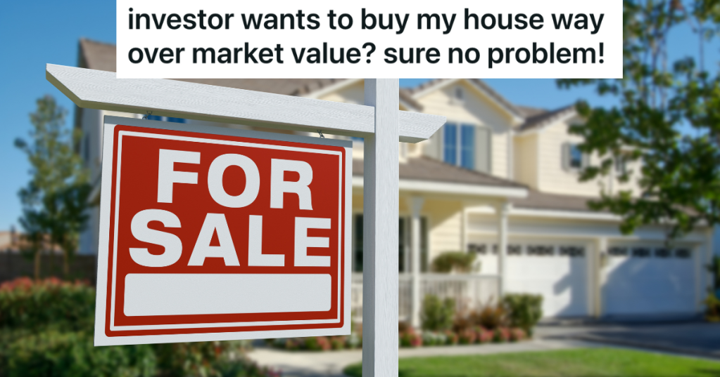 red sign that reads "for sale" in front of a house