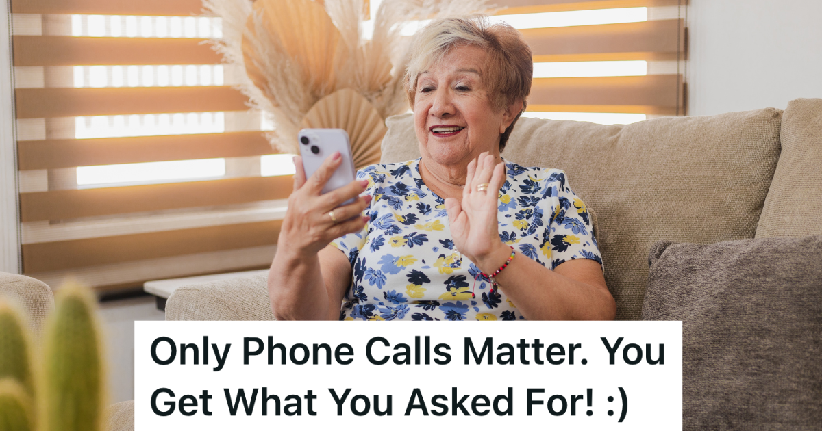 Mom Is Upset That She Didnt Get A Phone Call On Mothers Day Or Her Birthday, So Thats All Shes Getting From Now On older woman waving at the phone