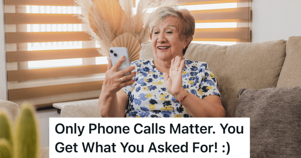 older woman waving at the phone