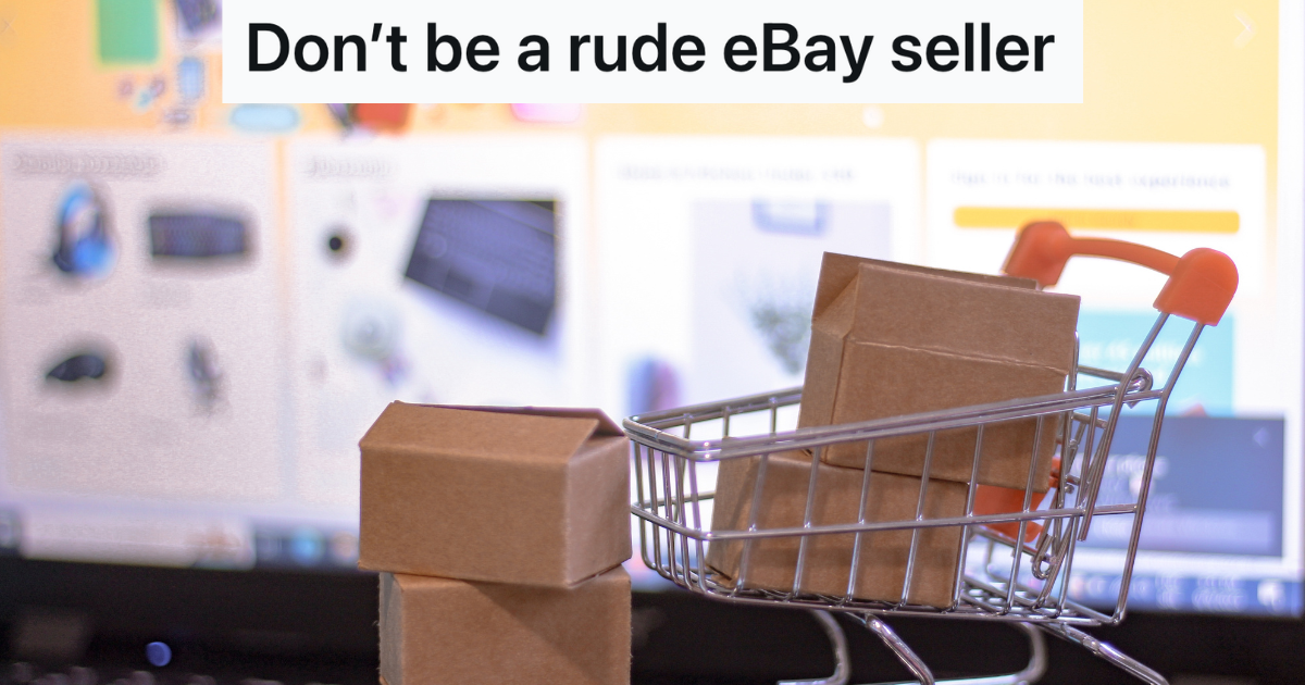 eBay Seller Is Rude To Customer Who Asks A Question, So The Customer Reports Them online shopping with tiny boxes and shopping cart in front of a computer screen