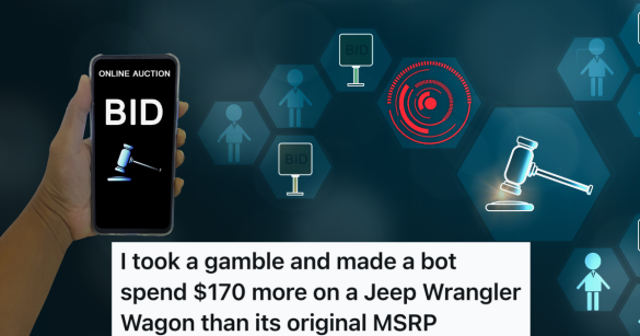 person holding a phone that reads "online auction bid"