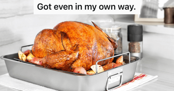 turkey in roasting pan on kitchen counter