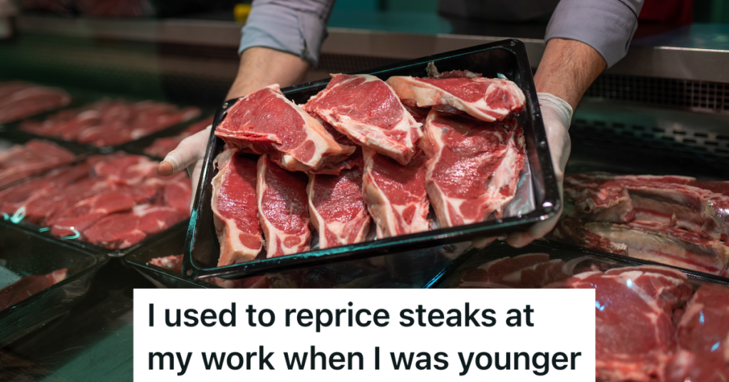 tray of raw steak in a grocery store