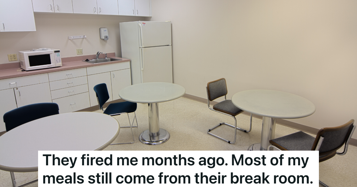 Former Ice Rink Employee Was Never Told To Turn In His Keys, So He Steals Food From The Break Room empty break room with tables, refrigerator and microwave