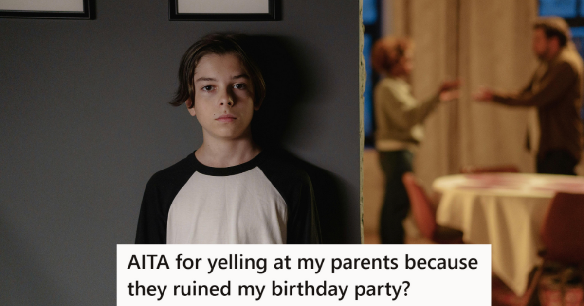 Sad boy standing outside watching his parents fight