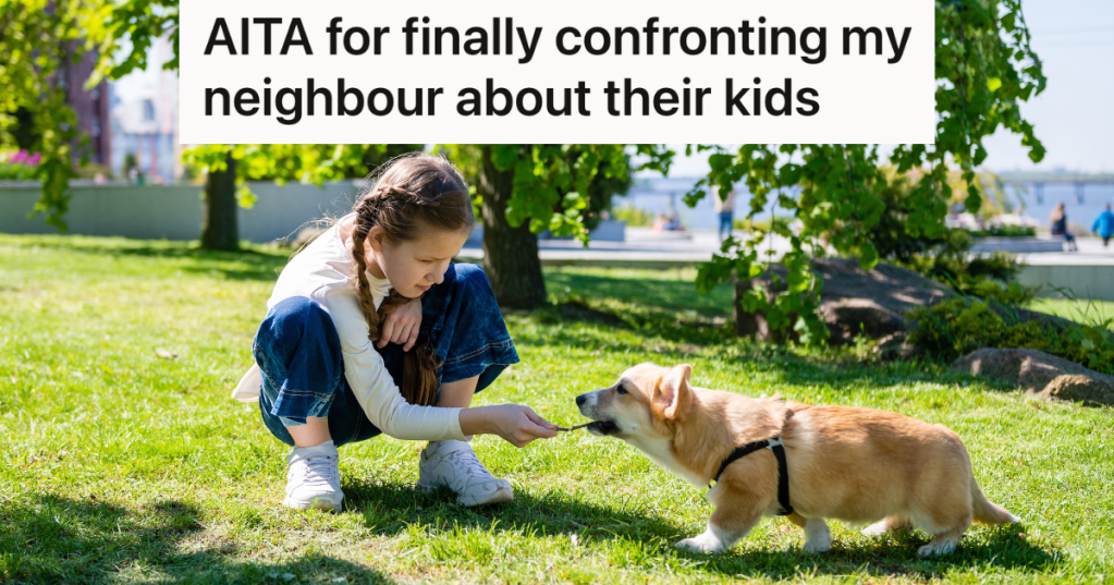 girl teasing dog with a stick