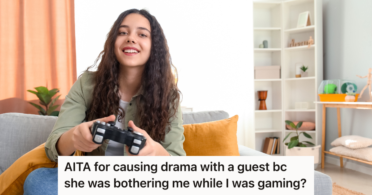 Inconsiderate House Guest Takes A Phone Call Right Next To A Teenage Girl Who Is Playing A Video Game On The TV, So The Teen Complains To Her Mom teenage girl holding a video game controller