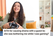 Inconsiderate House Guest Takes A Phone Call Right Next To A Teenage Girl Who Is Playing A Video Game On The TV, So The Teen Complains To Her Mom