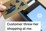 Credit Card Reader Declines Customer’s Payment, So She Forcefully Pushes Her Groceries Towards The Employee