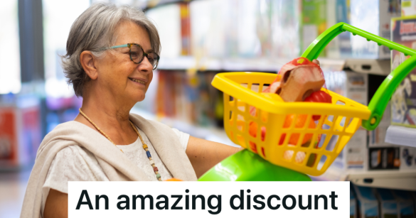 grandmother looking at toy shopping cart