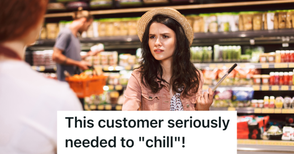 unhappy young woman in grocery store