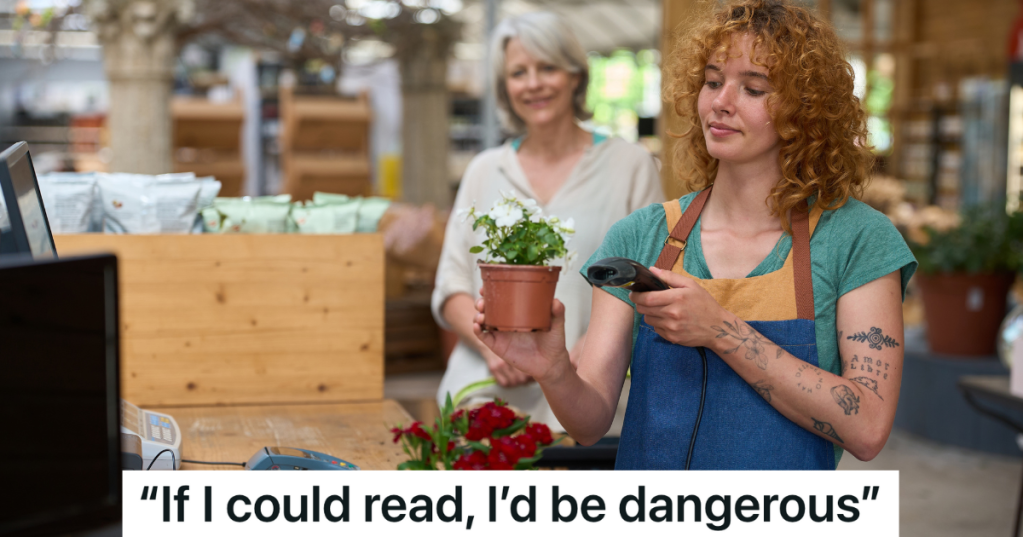 cashier scanning white plants at gardening store checkout