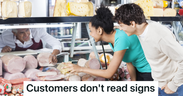 customers try to get the attention of grocery store deli employee