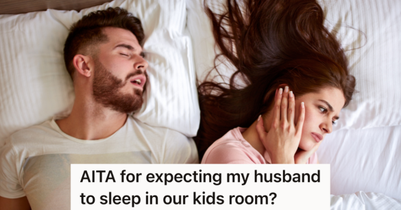 woman covers her ears while man snores