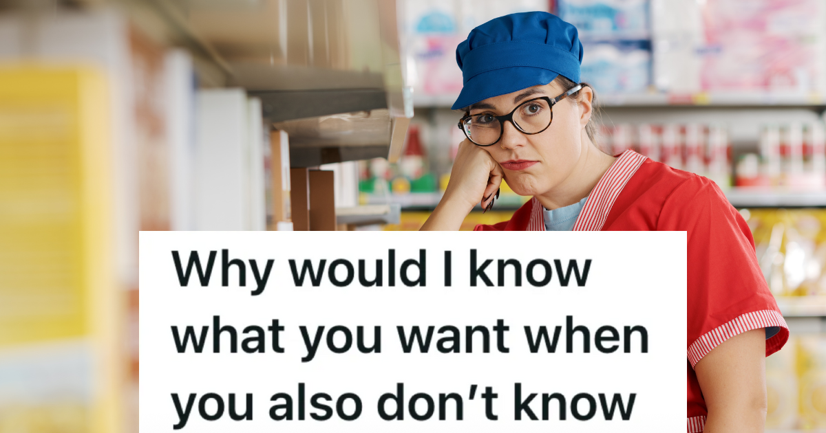 unhappy grocery store employee in blue hat