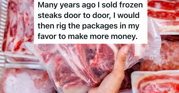 closeup of a hand holding a bag of frozen steaks
