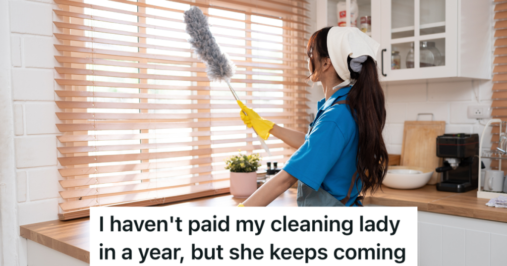 woman dusting blinds in kitchen
