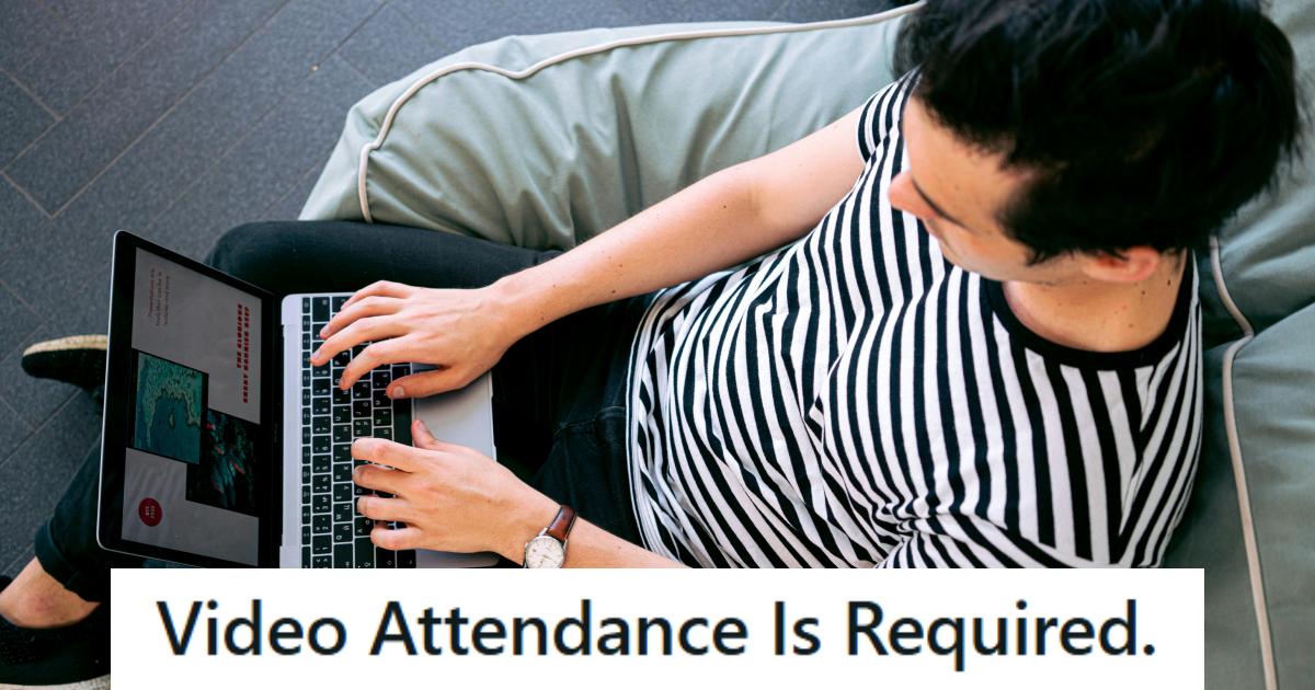 Man in a striped shirt attending a mandatory video conference