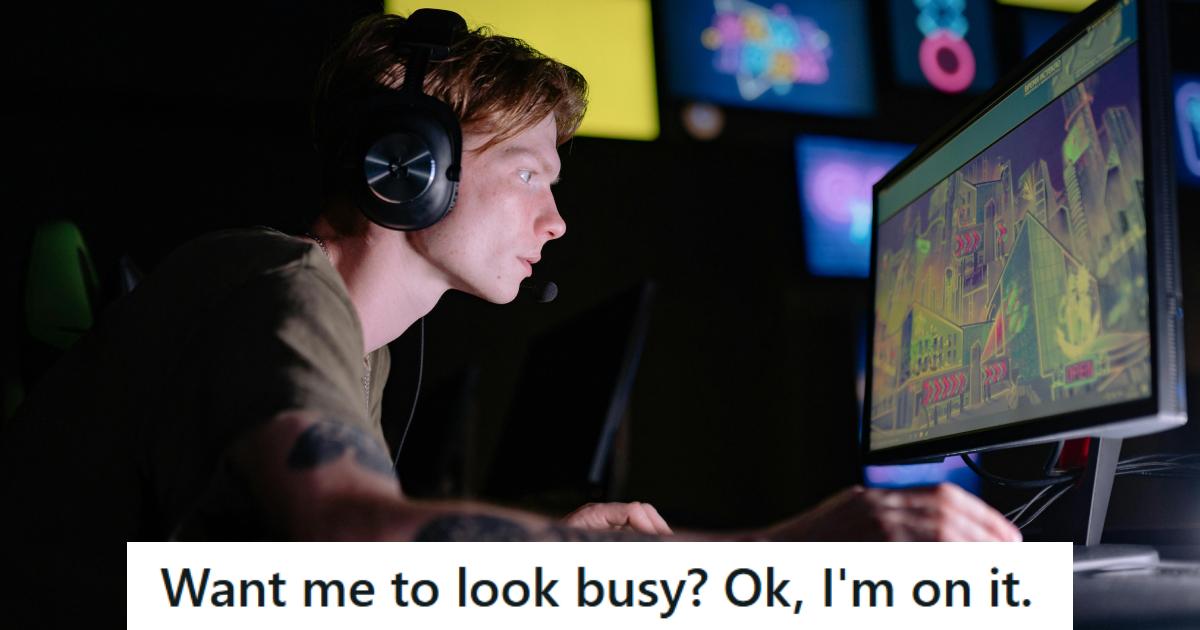 Man sitting at his computer wearing a headset and playing an online game