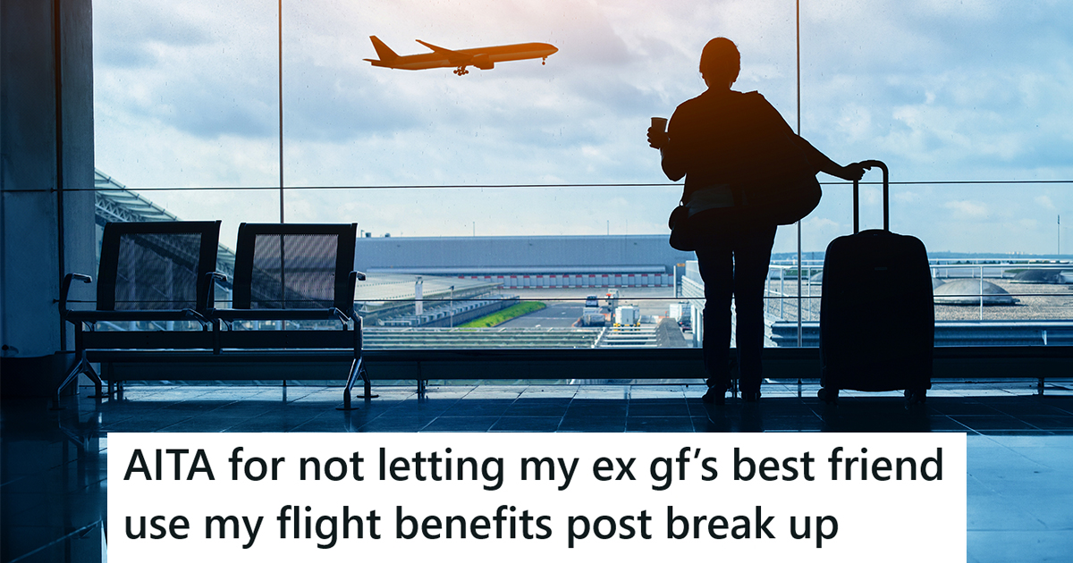 An airport with a caption that reads "AITA for not letting my ex gf's best friend use my flight benefits post break up"