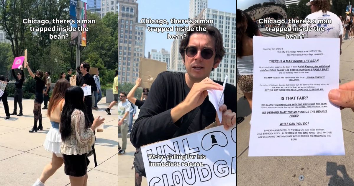 Chicago protesters discussing the man inside The Bean
