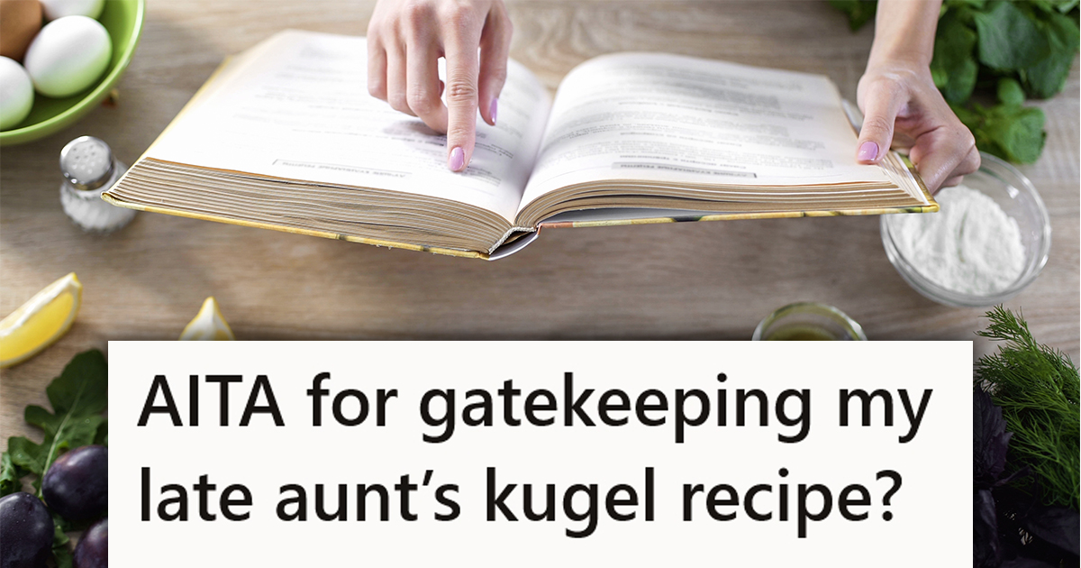 Hands examining a cookbook with a caption that reads "AITA for gatekeeping my late aunt's kugel recipe?"